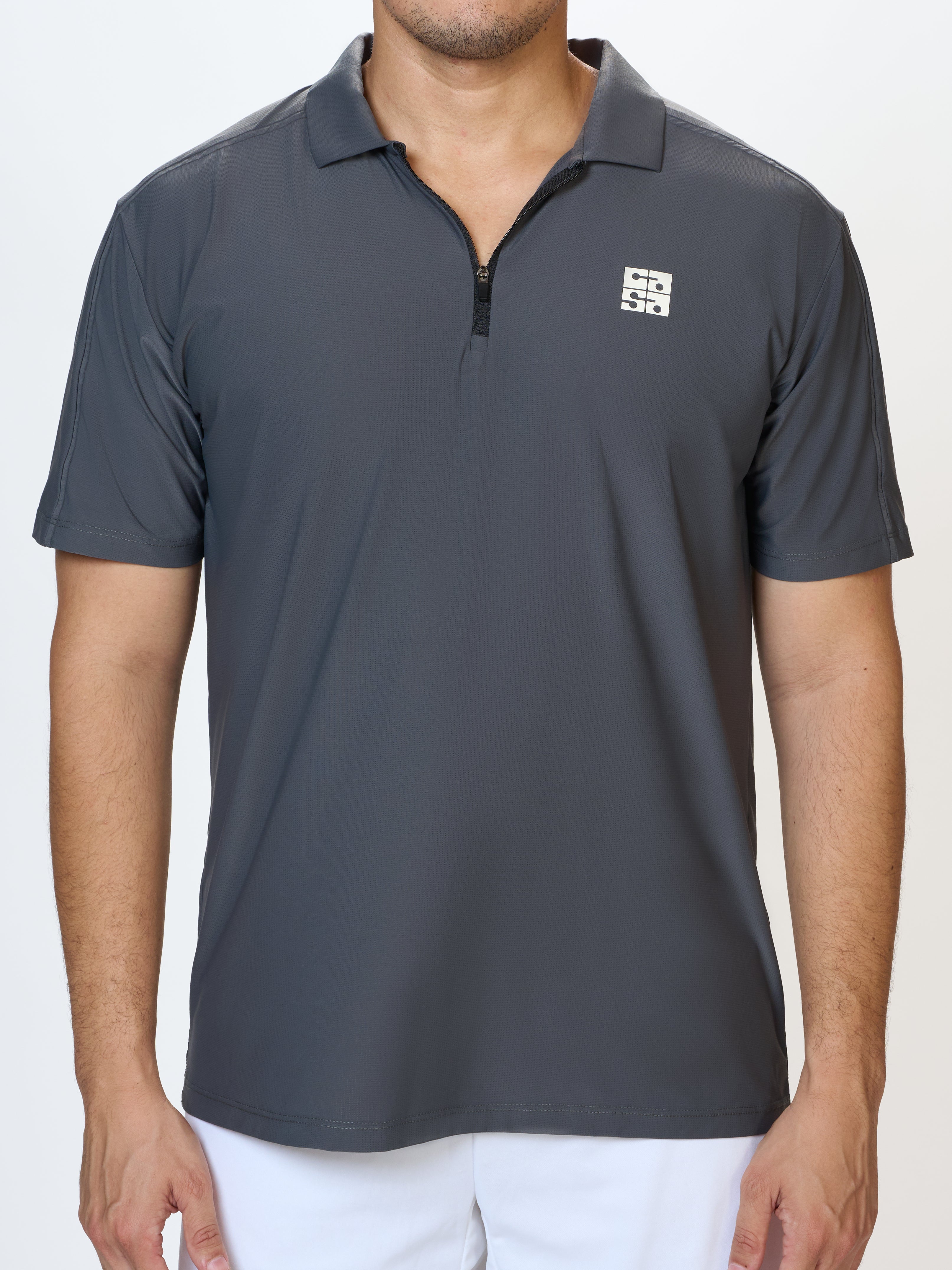 charcoal strike zip polo